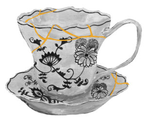 Tea Cup Print of an original painting by Laura Daub - Black and White cup with Gold 